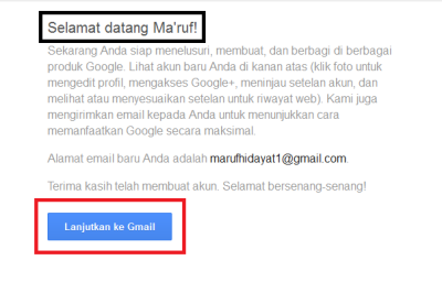Akan ada ucapan selamat, klik Lanjutkan ke gmail